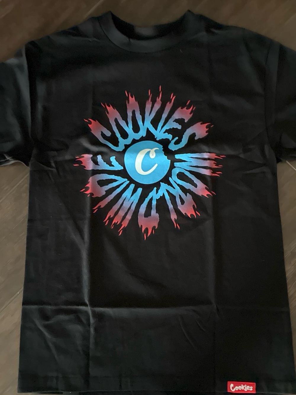 NWT Cookies Black Graphic Tee with Blue & Red Flame Logo. Men’s medium